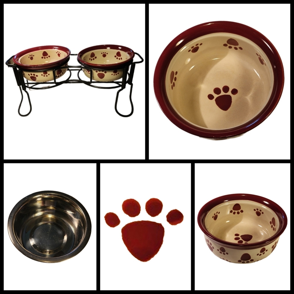 6-Pc Wrought Iron Pet Feeder w/ 4 Ceramic Pawprint Bowls & 1 Stainless Steel